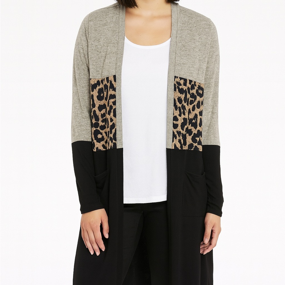 BiBi Leopard‎ Print Cardigan Duster Open Front Pockets Knit Sweater Medium